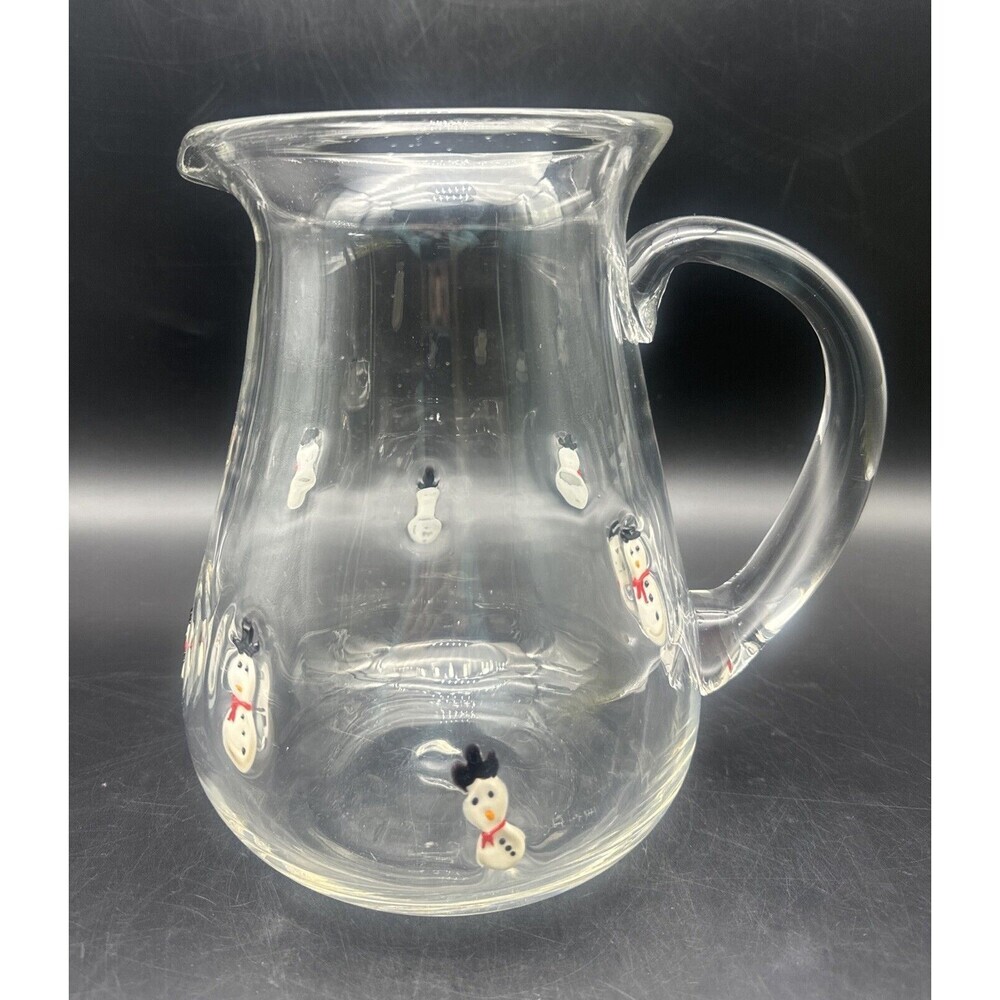Anthropologie FESTIVE Icon SNOWMAN Large Blown Glass Pitcher Applied Handle 96oz